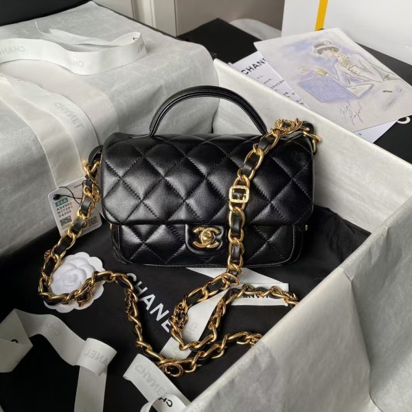 Chanel 24A AS4992 Mini Shiny Lambskin Flap Bag With Top Handle Black