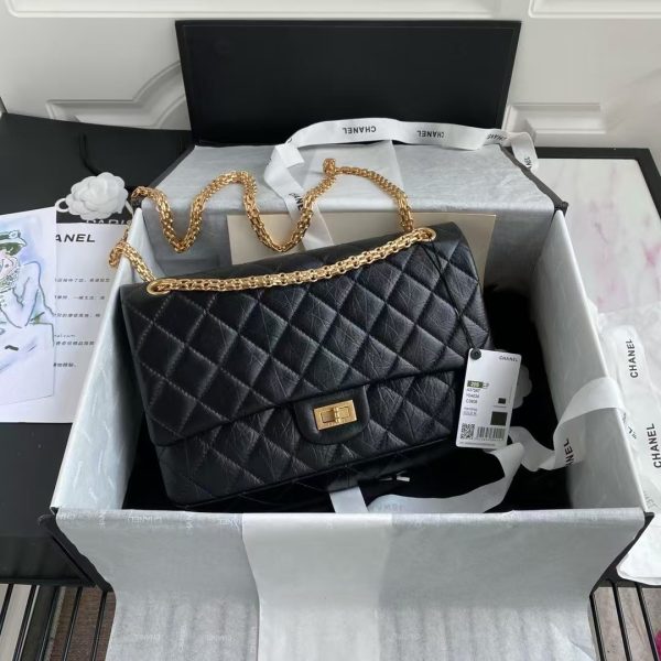 Chanel 23A A37587 Classic Large 2.55 Flap Bag Black Aged Calfskin Gold Metal Hardware