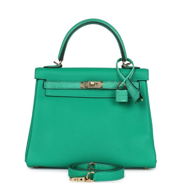 Hermes Kelly Retourne 25 Menthe Togo and Varanus Niloticus Lizard Touch Permabrass