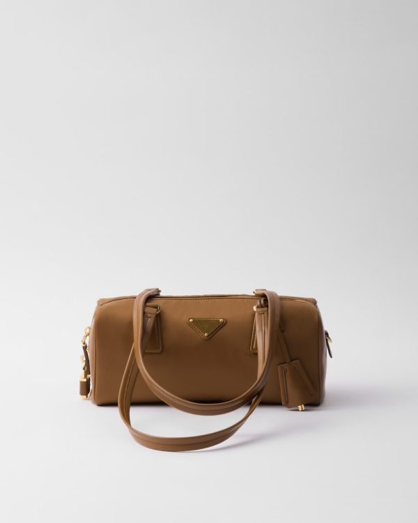Re-Nylon and Leather Medium Top-Handle Bag With Padlock