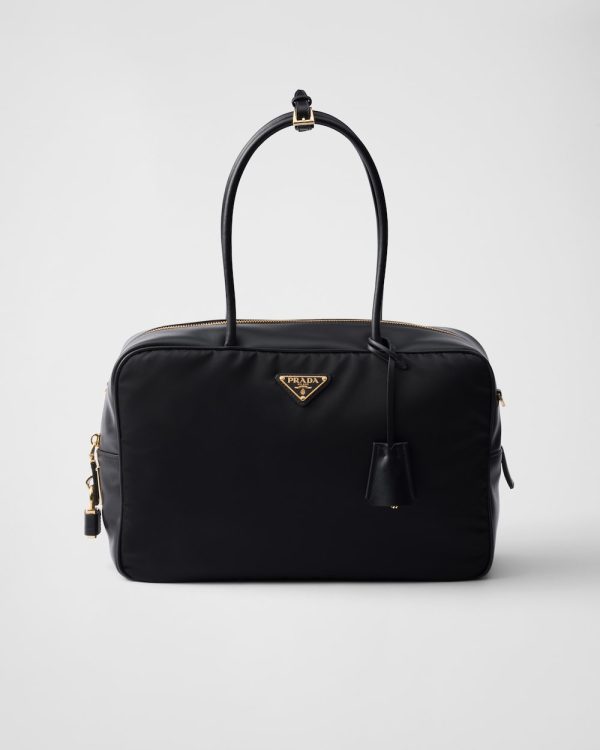 Large Re-Nylon and Leather Top-Handle Bag With Padlock